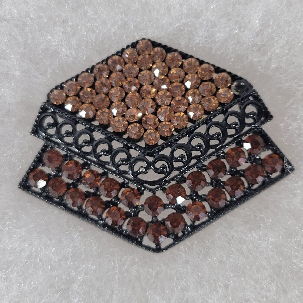 Vintage Black Metallic Brown Rhinestones Geometric Art Deco Classic Brooch